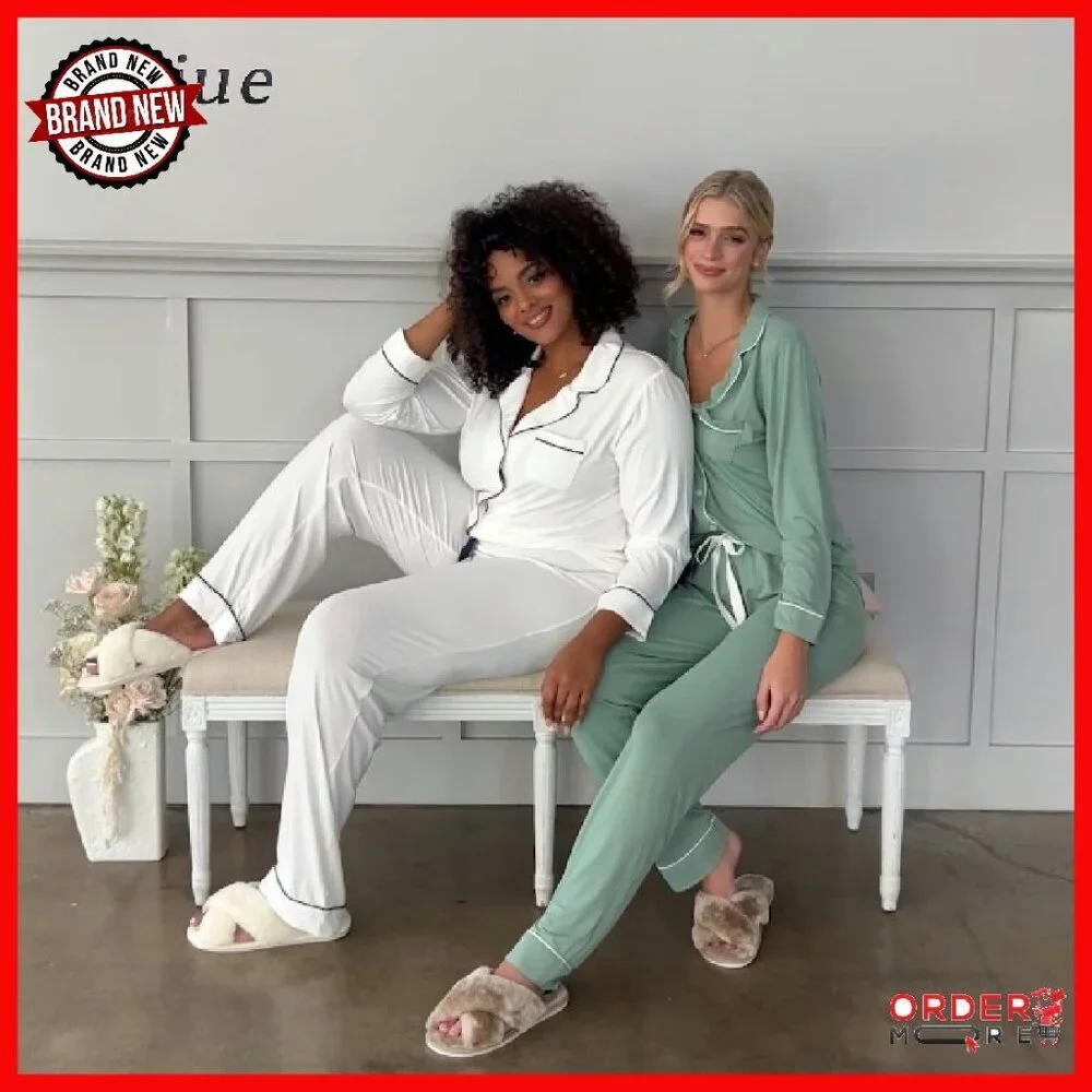 Soft Button Up Pajama Set Long Sleeve Shirt & Pants Lounge Wear